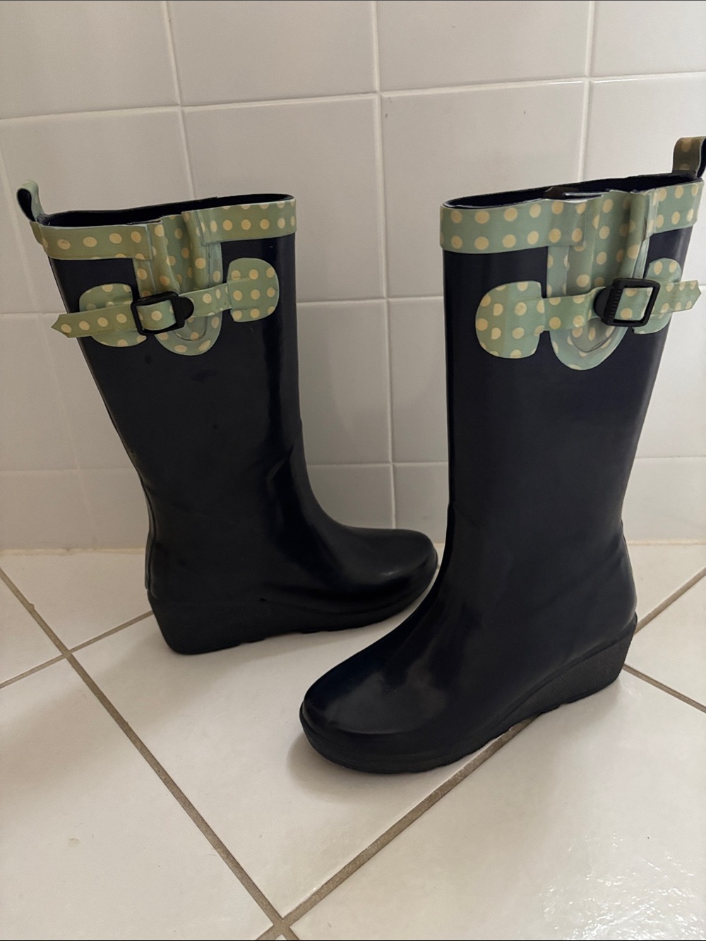 Capelli of New York Black Rain Boots with Mint Polka-Dot Trim